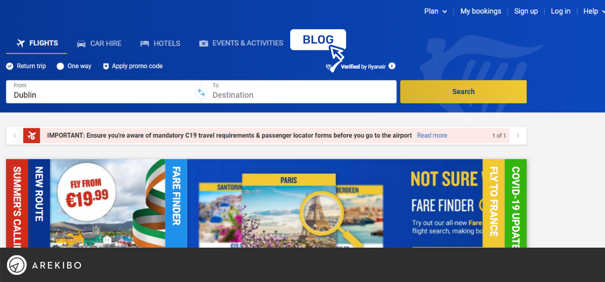 Ryanair's website interface with suggested location of a new Blog button