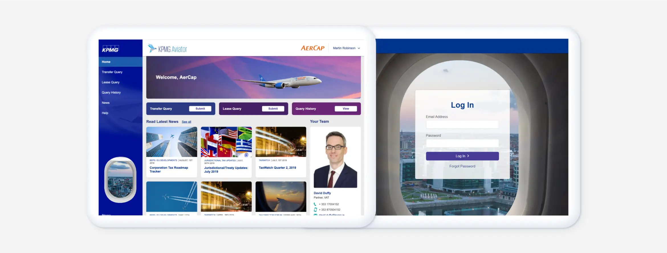 KPMG Aviator - Logged in homepage and login design exploration